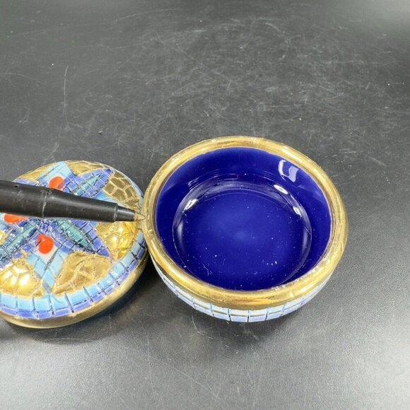 Signed Italian Round Hand Painted Trinket Dish W Lid Jewelry Holder Storage VTG - Picture 6 of 12